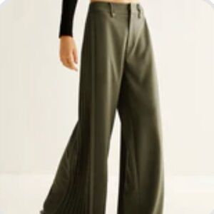 Commense Olive Green Side Pleated Wide-Leg Pants